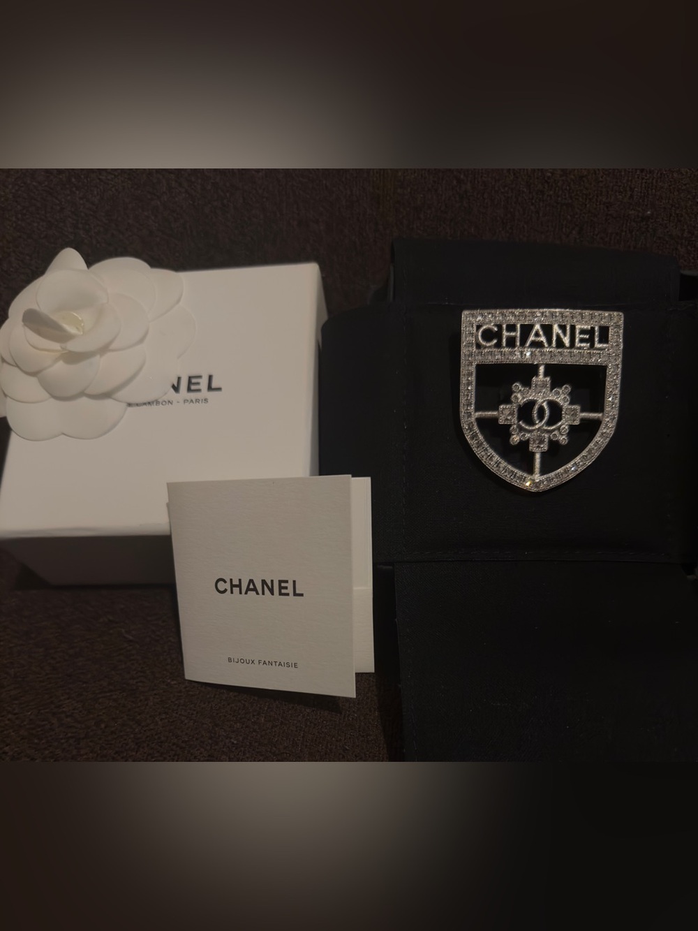 BRAND NEW AUTHENTIC CHANEL Silver Crystal Crest Brooch. 1 5/8 W x 2”H.